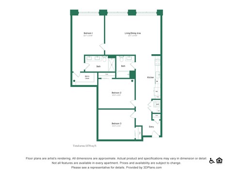 Floor plan for 3 beds, 2 baths, 1378 sqft